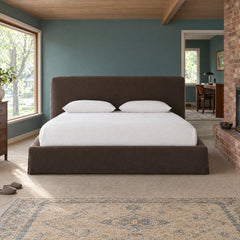 Aidan Slipcover Bed in Savoy Coffee / King styled in a Portland home - Whats New Furniture
