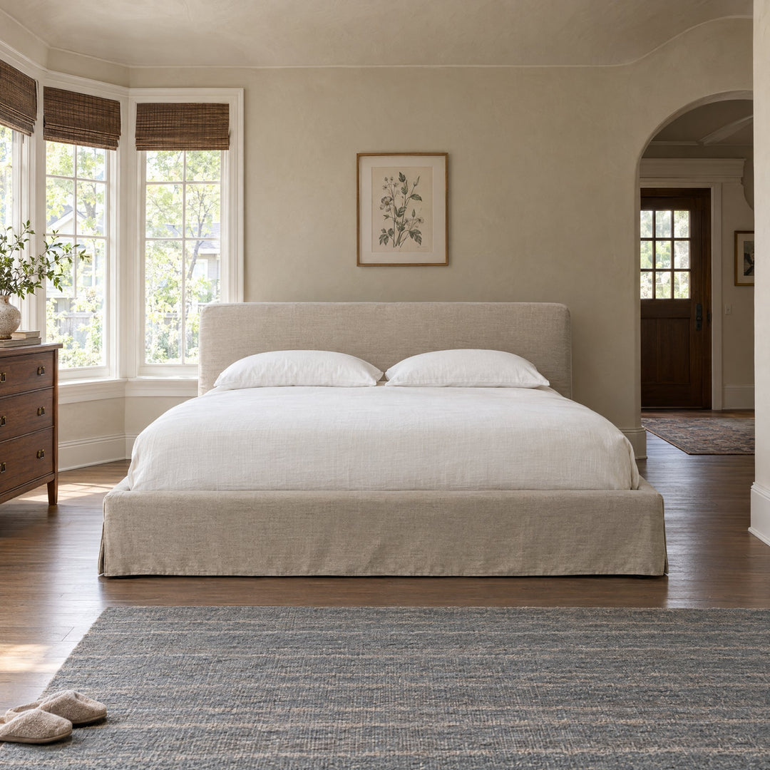 Aidan Slipcover Bed in Savoy Parchment / King styled in a Portland home - Whats New Furniture