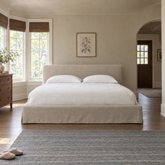 Aidan Slipcover Bed in Savoy Parchment / King styled in a Portland home - Whats New Furniture