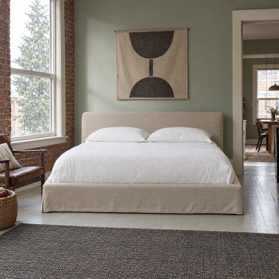 Aidan Slipcover Bed in Savoy Parchment / Queen styled in a Portland home - Whats New Furniture