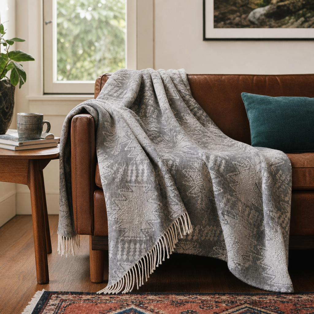 Alberta Cotton Blend Throw in Grey Aztec styled in Portland living room - Whats New Furniture