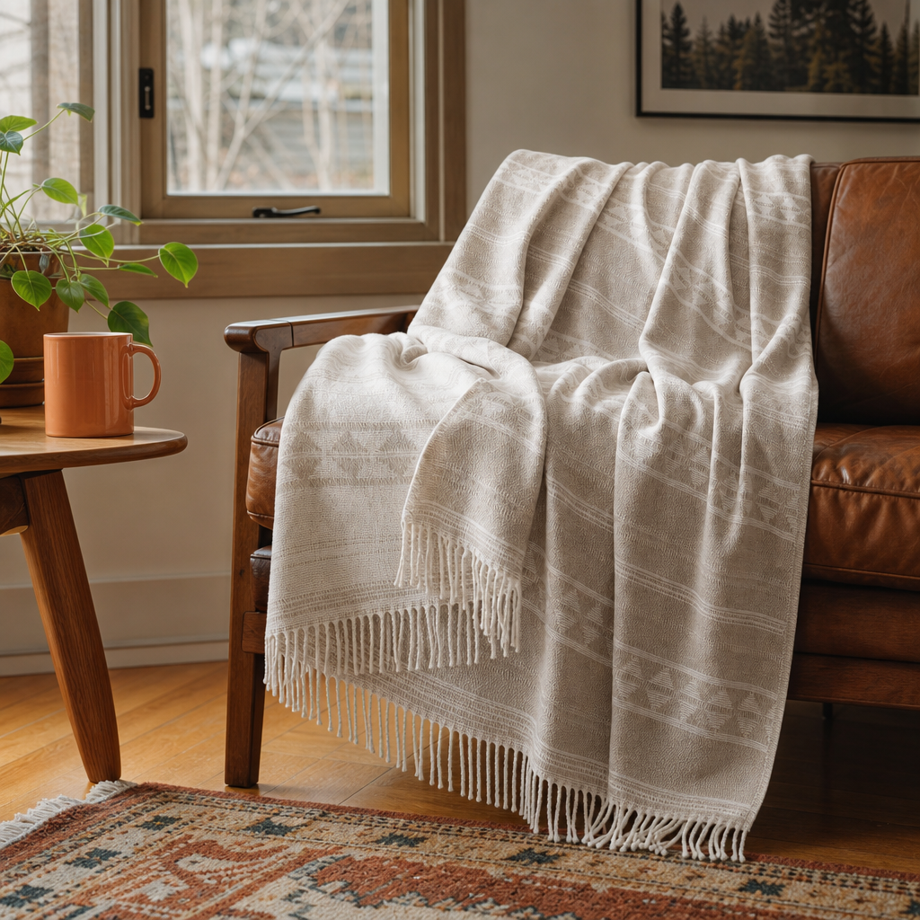 Alberta Cotton Blend Throw in Ivory Stripe styled in Portland living room - Whats New Furniture