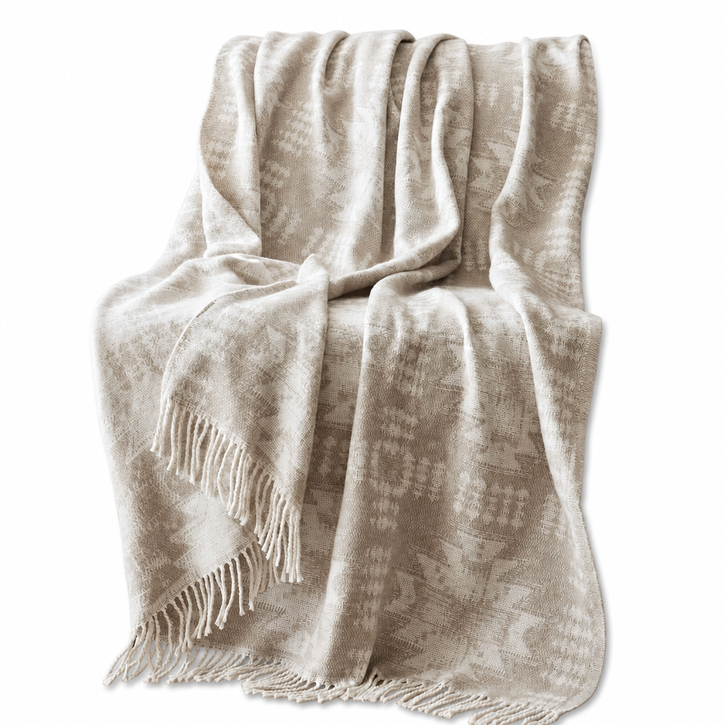 Alberta Cotton Blend Throw in Neutral Aztec front view - throw blanket by Olliix - Whats New Furniture Portland OR