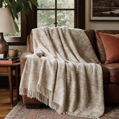 Alberta Cotton Blend Throw in Neutral Aztec styled in Portland living room - Whats New Furniture