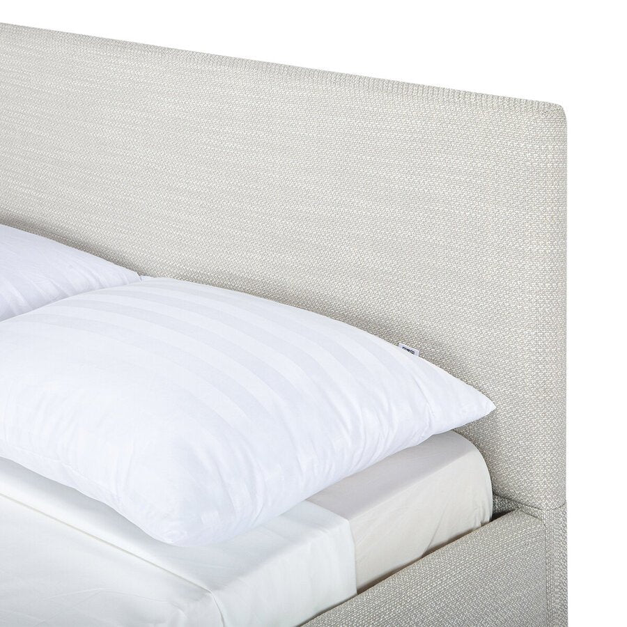 Alberta Queen Bed Frame in Agnes Beige alternate angle - upholstered queen bed private label - Whats New Furniture Portland OR