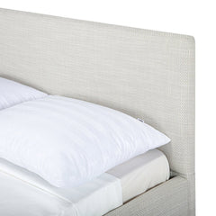 Alberta Queen Bed Frame in Agnes Beige alternate angle - upholstered queen bed private label - Whats New Furniture Portland OR