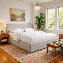 Alberta Queen Bed Frame in Agnes Beige side angle - upholstered queen bed private label - Whats New Furniture Portland OR