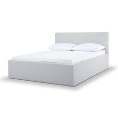Alberta Queen Bed Frame in Agnes Beige detail view - upholstered queen bed private label - Whats New Furniture Portland OR