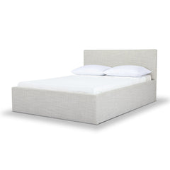 Alberta Queen Bed Frame in Agnes Beige lifestyle setting - upholstered queen bed private label - Whats New Furniture Portland OR