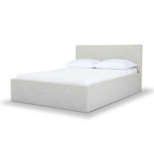 Alberta Queen Bed Frame in Agnes Beige lifestyle setting - upholstered queen bed private label - Whats New Furniture Portland OR