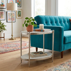 Theo Marble End Table styled in a bright Portland mid-century modern interior - Whats New Furniture