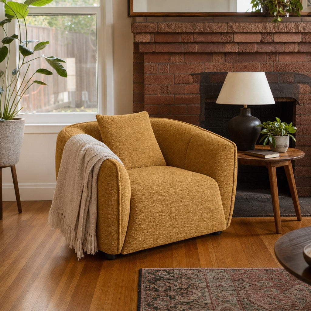 Aleisha Fabric Upholstered Accent Chair Mustard Yellow styled in Portland St. Johns bungalow living room - What&