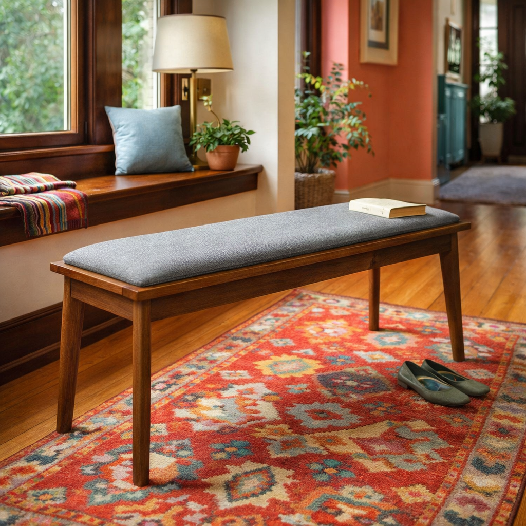 Alfredo Natural Walnut Dining Bench in natural walnut side angle - mid-century dining bench by Coaster - Whats New Furniture Portland OR