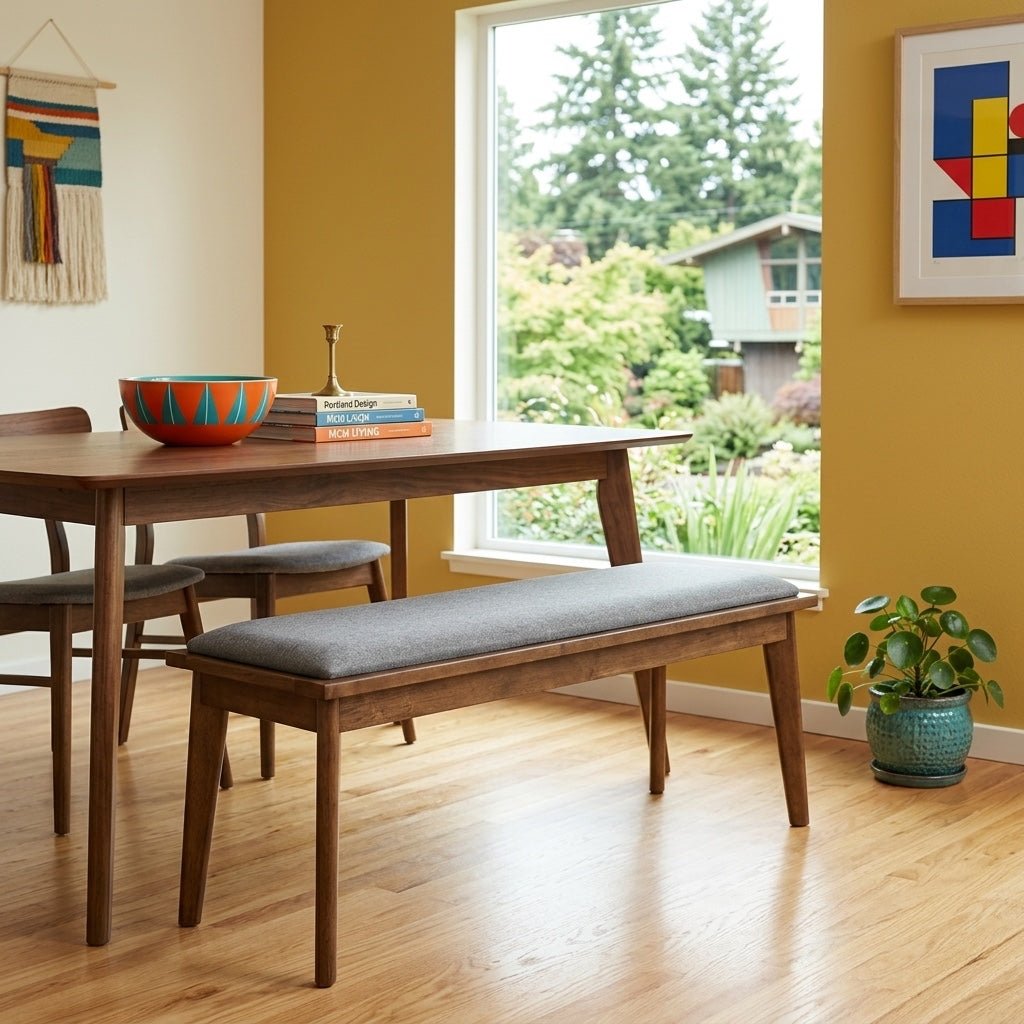 Alfredo Natural Walnut Dining Bench in natural walnut detail view - mid-century dining bench by Coaster - Whats New Furniture Portland OR