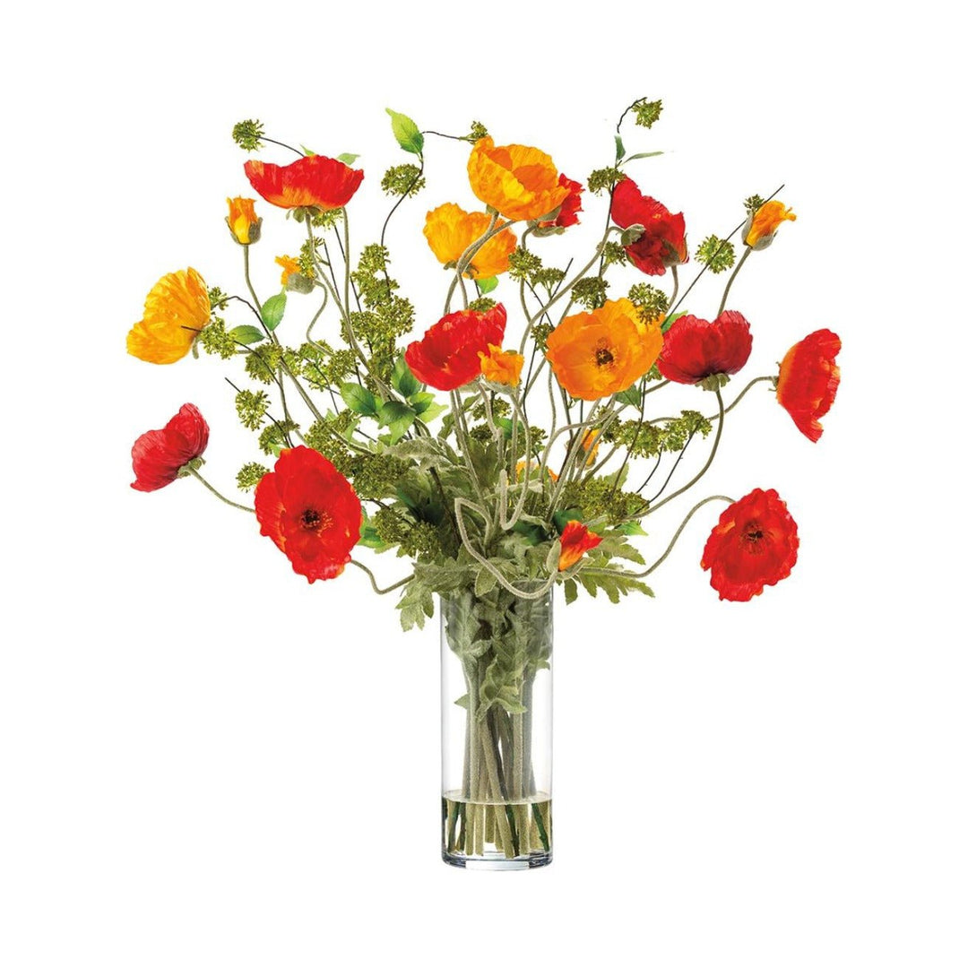 Large Mix Poppies in Tall Glass Vase Orange Red in Orange Red - faux poppy arrangement - Whats New Furniture Portland OR