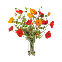 Large Mix Poppies in Tall Glass Vase Orange Red in Orange Red - faux poppy arrangement - Whats New Furniture Portland OR