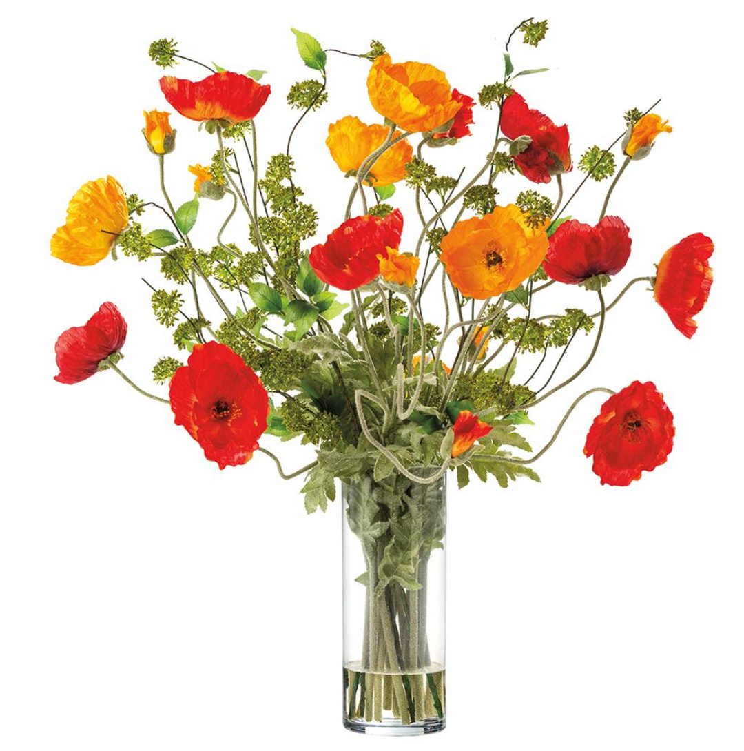 Large Mix Poppies in Tall Glass Vase Orange Red - What's New Furniture Portland Oregon