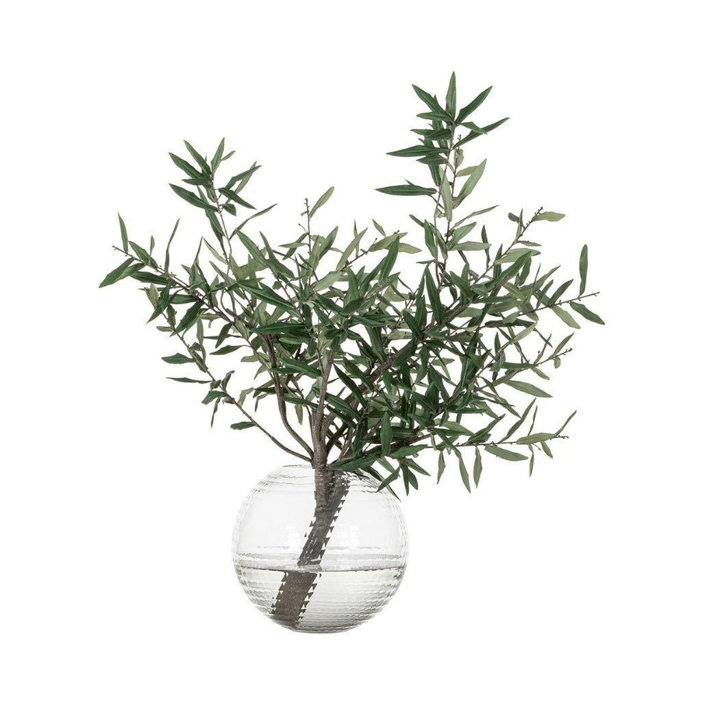 Olive Branch in Round Glass Vase in Green Glass - faux olive branch arrangement - Whats New Furniture Portland OR