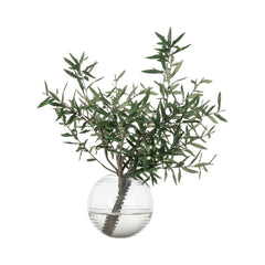 Olive Branch in Round Glass Vase in Green Glass - faux olive branch arrangement - Whats New Furniture Portland OR