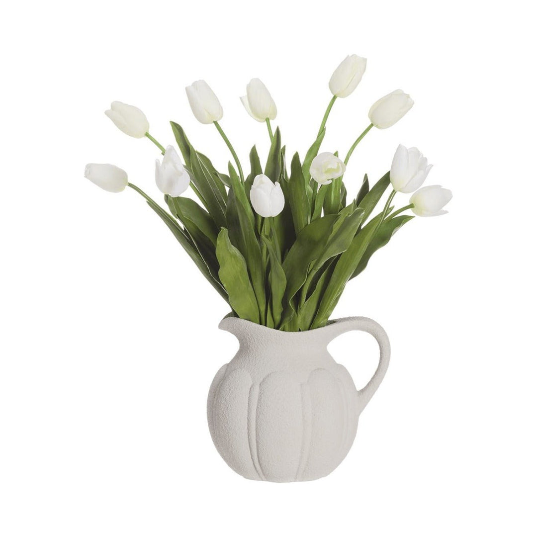 Tulips in Terra Cotta Pitcher in White Terra Cotta - white tulip pitcher arrangement - Whats New Furniture Portland OR