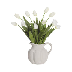 Tulips in Terra Cotta Pitcher in White Terra Cotta - white tulip pitcher arrangement - Whats New Furniture Portland OR