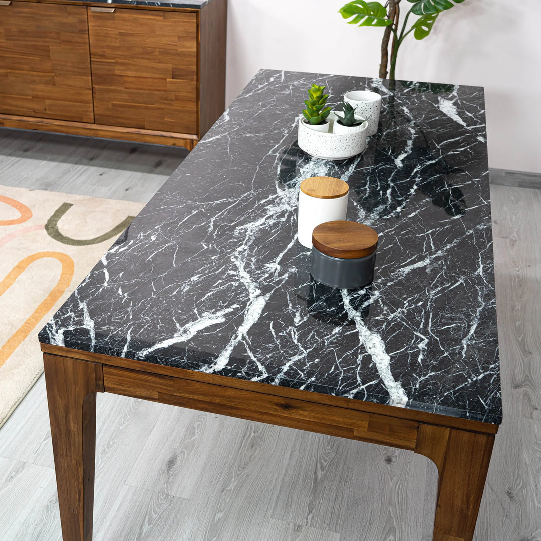 Allure Dining Table in black marble &amp; walnut detail view - black marble dining table by LH Imports - Whats New Furniture Portland OR