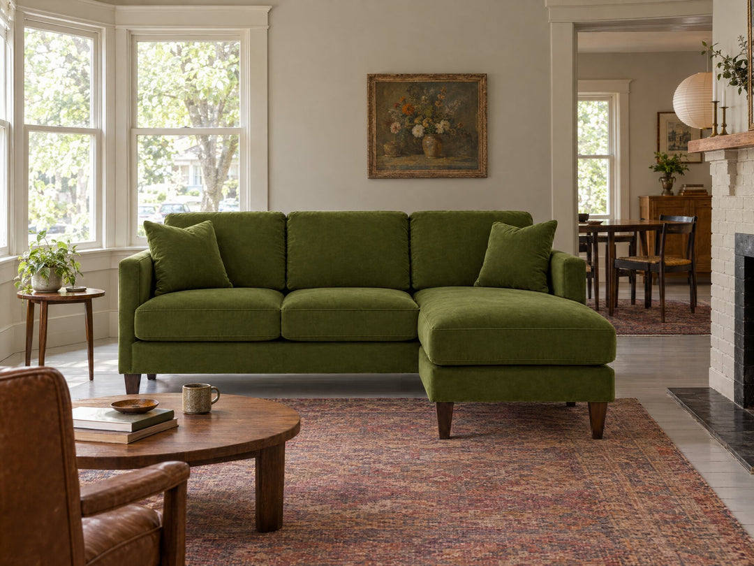 Alpine Sofa Chaise in Vintage Moss styled in a Sellwood foursquare - Whats New Furniture Portland OR