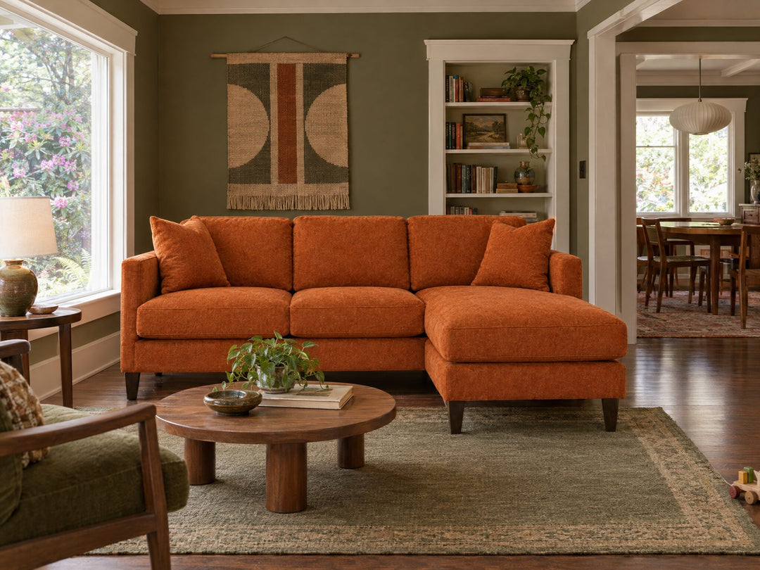 Alpine Sofa Chaise in Lush Papaya styled in a 1910 St. Johns bungalow - Whats New Furniture Portland OR