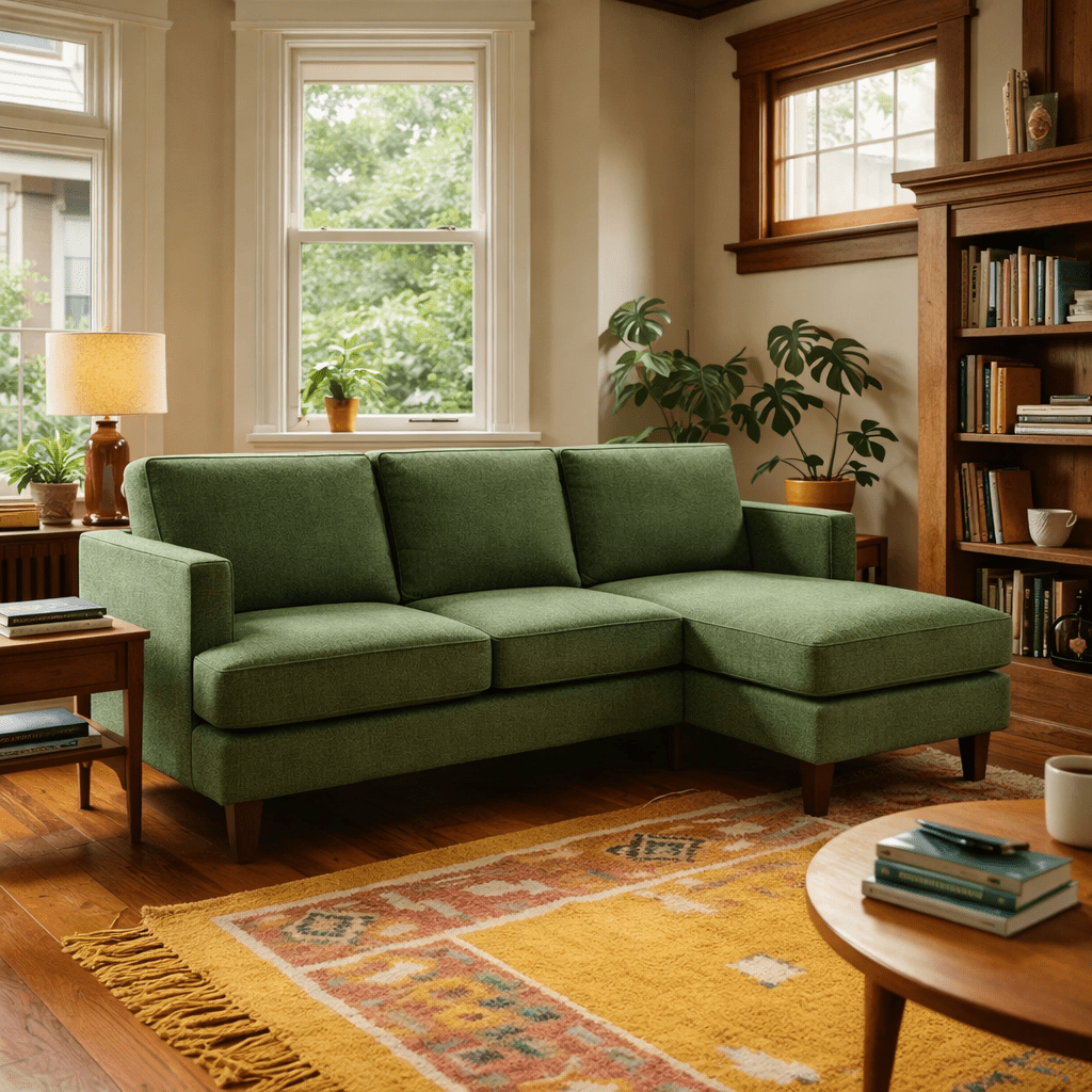 Alpine Sofa Chaise in Lush Spinach lifestyle in Craftsman living room - sofa with floating chaise by Stanton - Whats New Furniture Portland OR