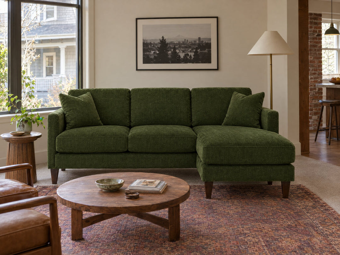 Alpine Sofa Chaise in Lush Spinach styled in a Kerns townhouse - Whats New Furniture Portland OR