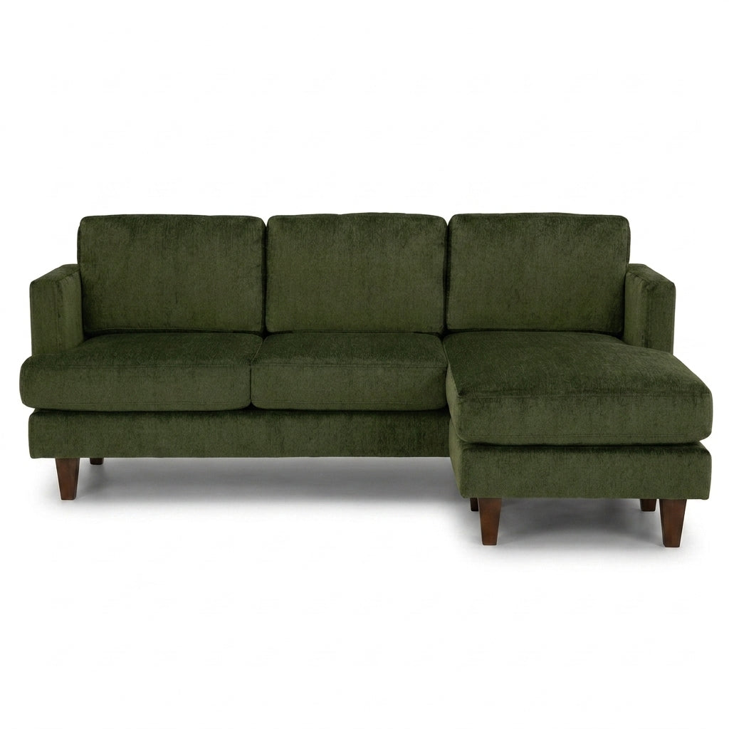 Alpine Sofa Chaise in Lush Spinach olive green chenille fabric - plush mid-century modern sofa chaise by Stanton - Whats New Furniture Portland OR