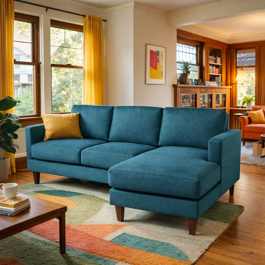 Alpine Sofa Chaise in Lush Turquoise lifestyle in modern Portland home - sofa with floating chaise by Stanton - Whats New Furniture Portland OR