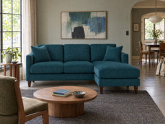 Alpine Sofa Chaise in Lush Turquoise styled in a 1930s SW Portland Tudor cottage - Whats New Furniture Portland OR