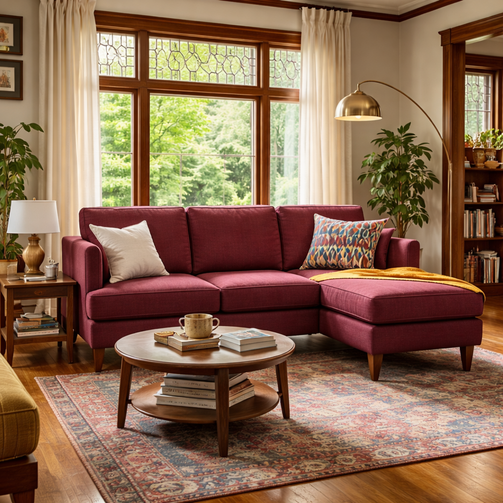 Alpine Sofa Chaise in Marquis Aubergine lifestyle in mid-century living room - sofa with floating chaise by Stanton - Whats New Furniture Portland OR