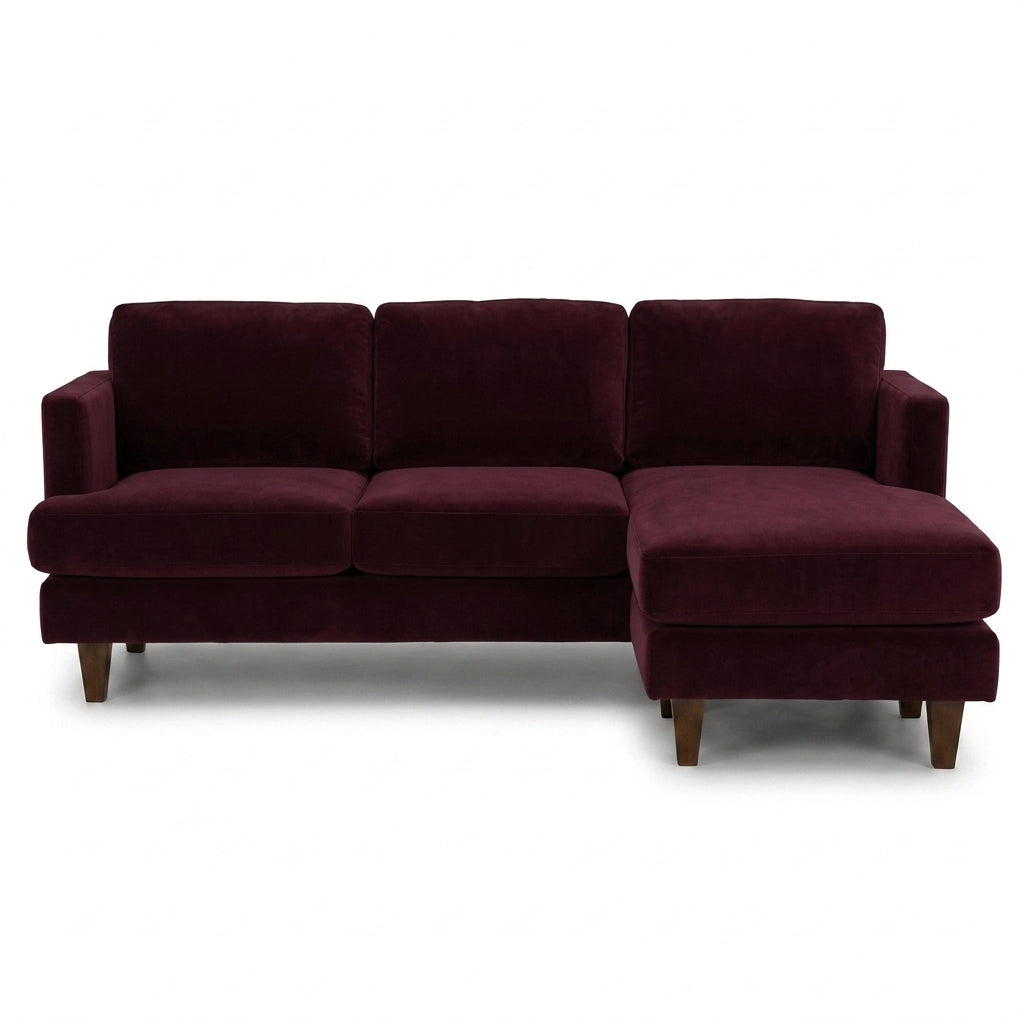 Alpine Sofa Chaise in Marquis Aubergine deep aubergine velvet fabric - plush mid-century modern sofa chaise by Stanton - Whats New Furniture Portland OR