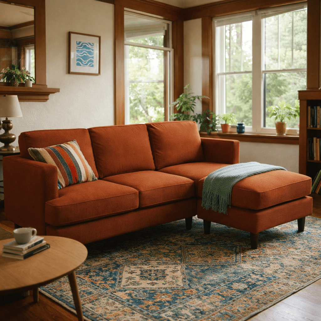 Alpine Sofa Chaise in Marquis Rust lifestyle in eclectic living room - sofa with floating chaise by Stanton - Whats New Furniture Portland OR