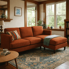 Alpine Sofa Chaise in Marquis Rust lifestyle in eclectic living room - sofa with floating chaise by Stanton - Whats New Furniture Portland OR