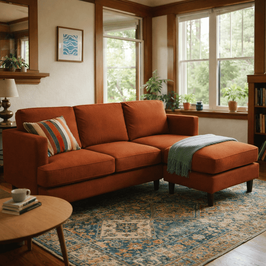 Alpine Sofa Chaise in Marquis Rust lifestyle in eclectic living room - sofa with floating chaise by Stanton - Whats New Furniture Portland OR