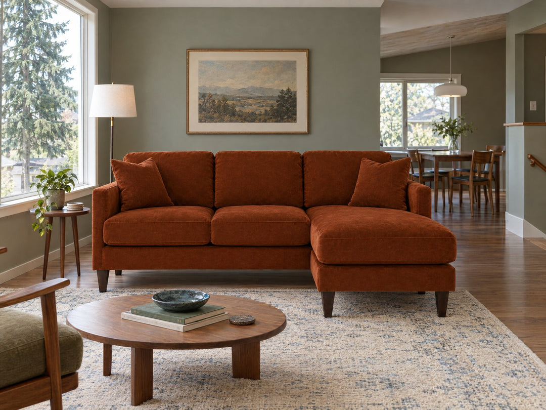 Alpine Sofa Chaise in Marquis Rust styled in a Beaverton split-level home - Whats New Furniture Portland OR