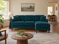 Alpine Sofa Chaise in Sensation Turquoise styled in a 1940s Woodstock cottage - Whats New Furniture Portland OR