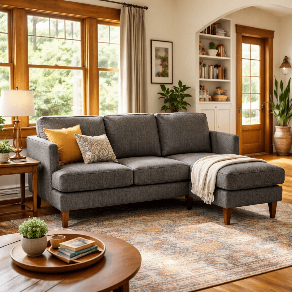 Alpine Sofa Chaise in Tribute Seamist lifestyle in Pacific Northwest home - sofa with floating chaise by Stanton - Whats New Furniture Portland OR