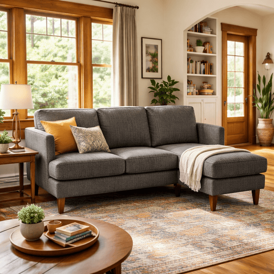 Alpine Sofa Chaise in Tribute Seamist lifestyle in Pacific Northwest home - sofa with floating chaise by Stanton - Whats New Furniture Portland OR