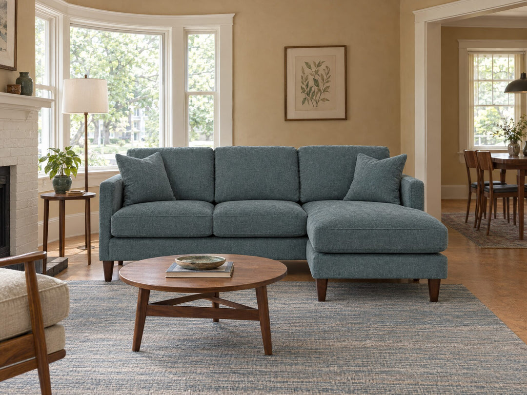 Alpine Sofa Chaise in Tribute Seamist styled in a 1920s Laurelhurst Colonial living room - Whats New Furniture Portland OR
