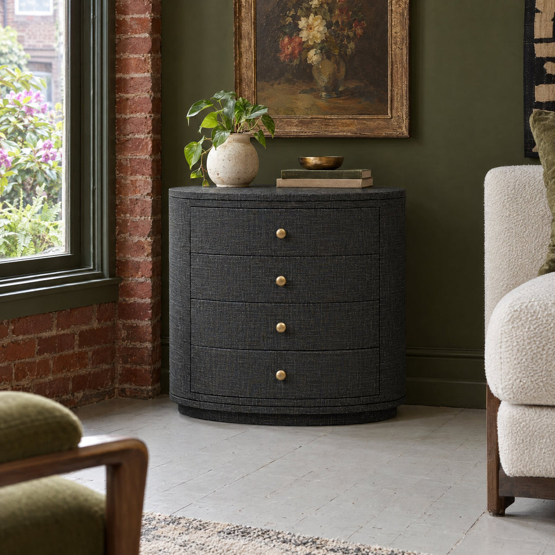 Amelia Oval Nightstand in Black Linen styled in a Portland home - Whats New Furniture