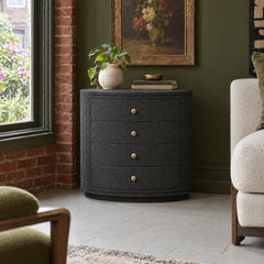 Amelia Oval Nightstand in Black Linen styled in a Portland home - Whats New Furniture