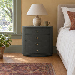 Amelia Oval Nightstand in Dark Green Lacquered Linen styled in a Portland home - Whats New Furniture