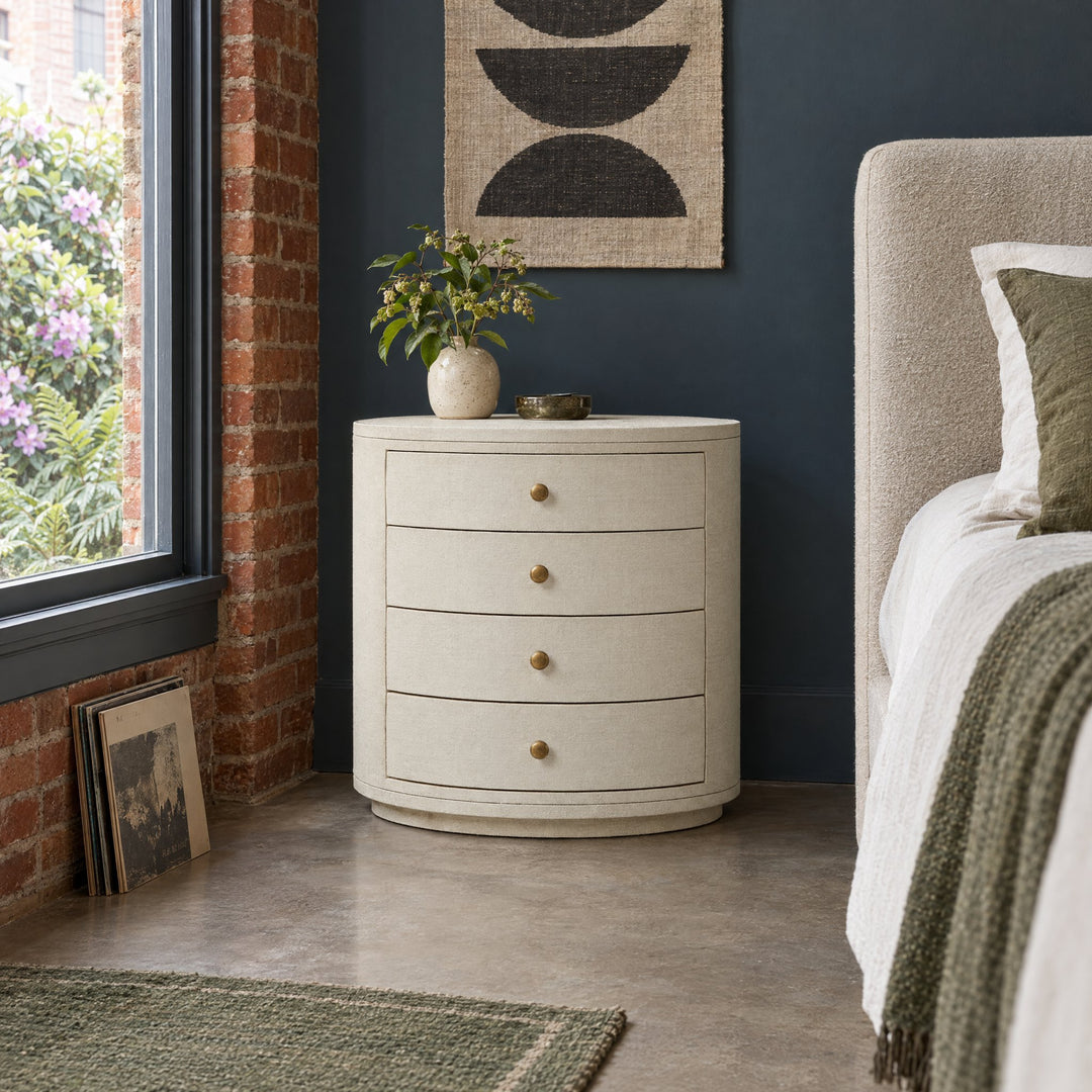Amelia Oval Nightstand in Ivory Painted Linen styled in a Portland home - Whats New Furniture