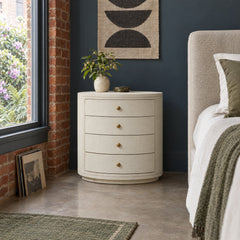 Amelia Oval Nightstand in Ivory Painted Linen styled in a Portland home - Whats New Furniture