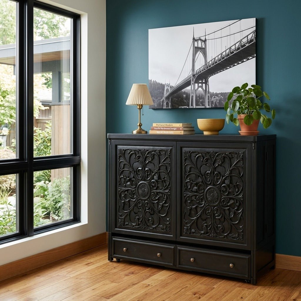 Artesian White Murphy cabinet bed in bright Portland mid-century modern room as a credenza - Whats New Furniture