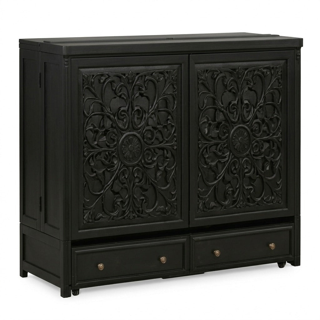 Murphy cabinet bed in Artesian White finish closed as a compact cabinet - solid mahogany with ornate hand-carved filigree doors, painted white finish - Whats New Furniture Portland OR